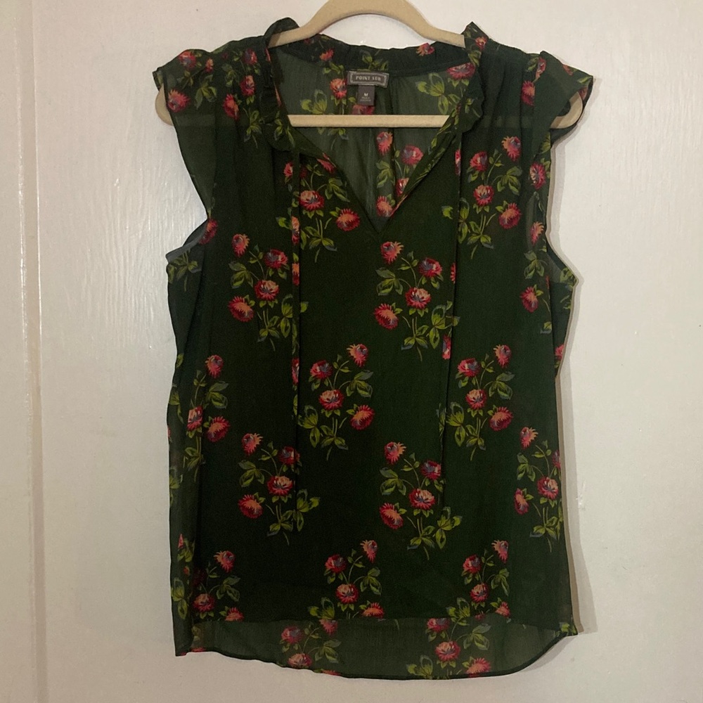 J. Crew Point Sur Dark Green Floral Top